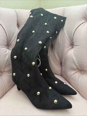 a new day Black Knee-High Studded Pointed Toe Boots